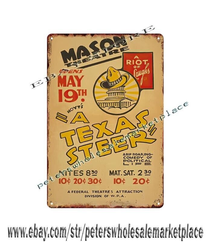 1936 Hoyt&rsquo;s A Texas Steer at the Mason Theatre cowboy hat Capitol metal tin sign