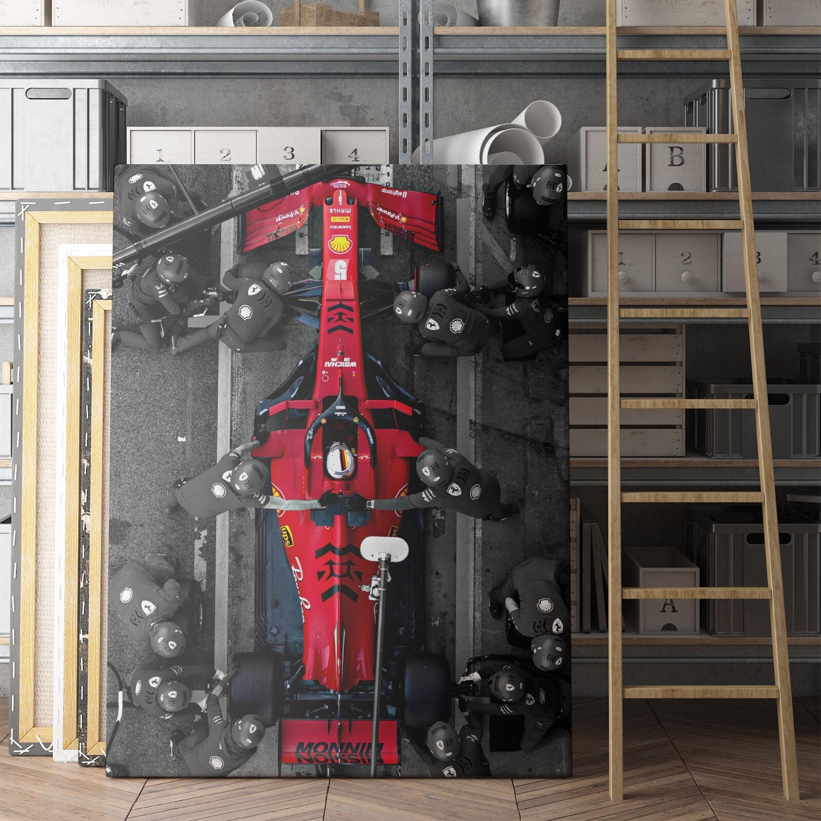 Formula 1 Car Pitting Ferrari F1 Team Red Cars Race Track Canvas Print Wall Art