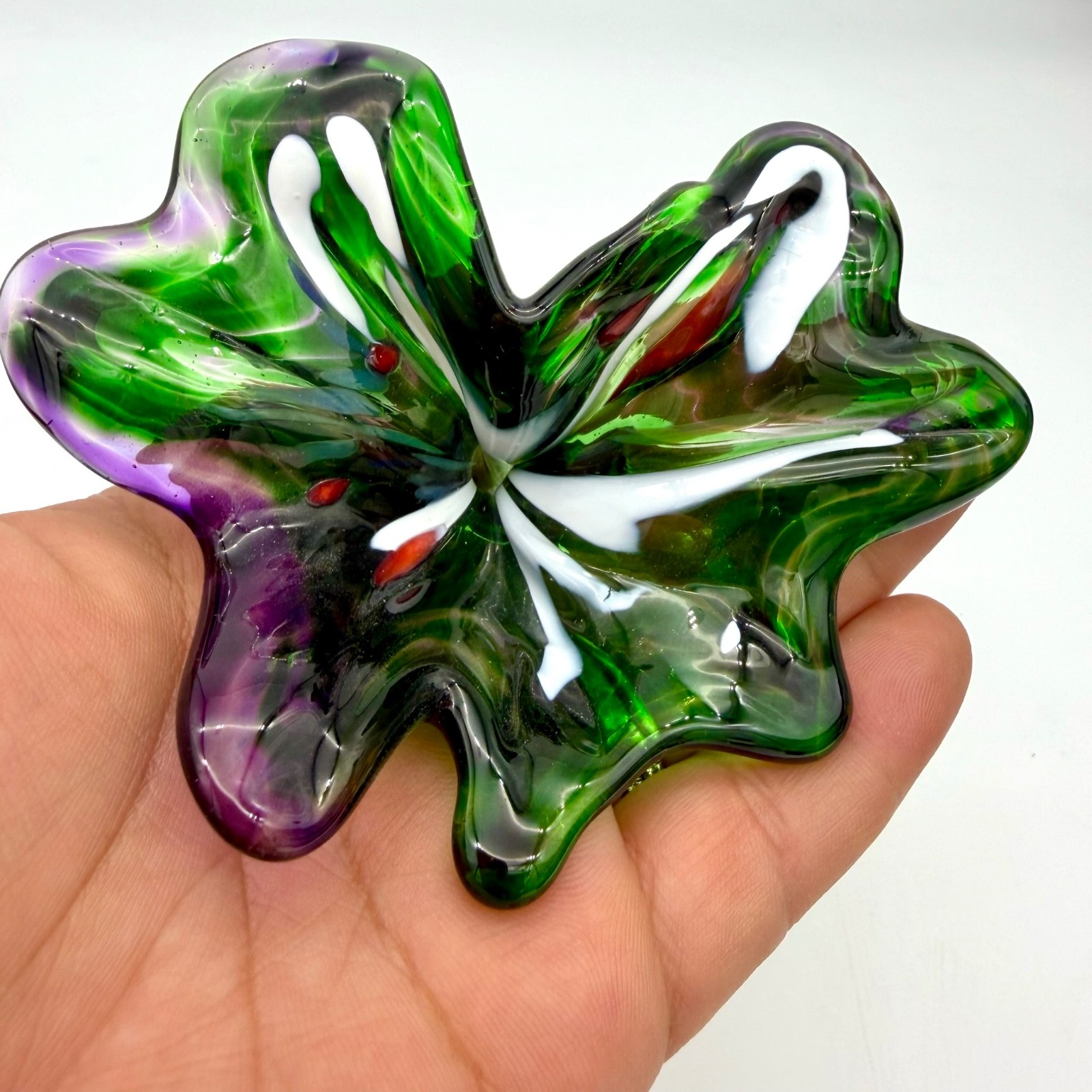2 Hand Blown Art Glass Flowers Murano Style Green Purple Yellow Frit 10” & 6”