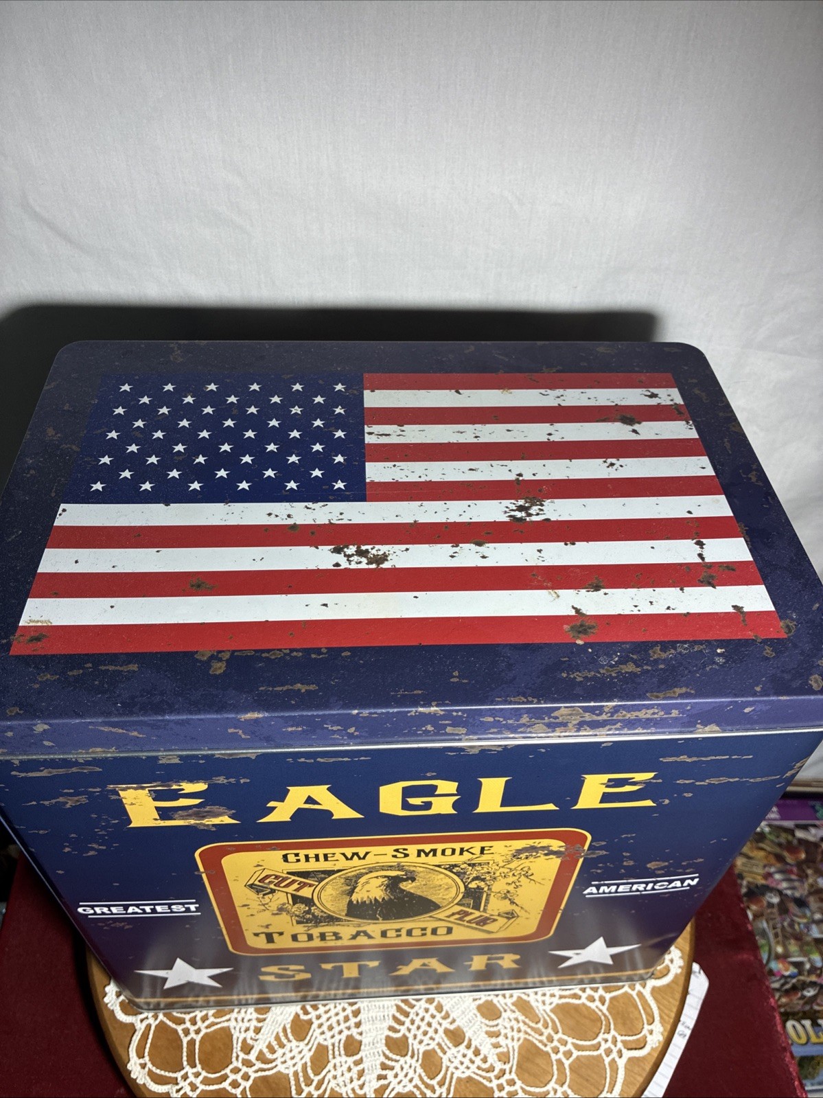 Large Memorial Day American Flag Eagle Tobacco Home Decor Tin Can Box Man Cave