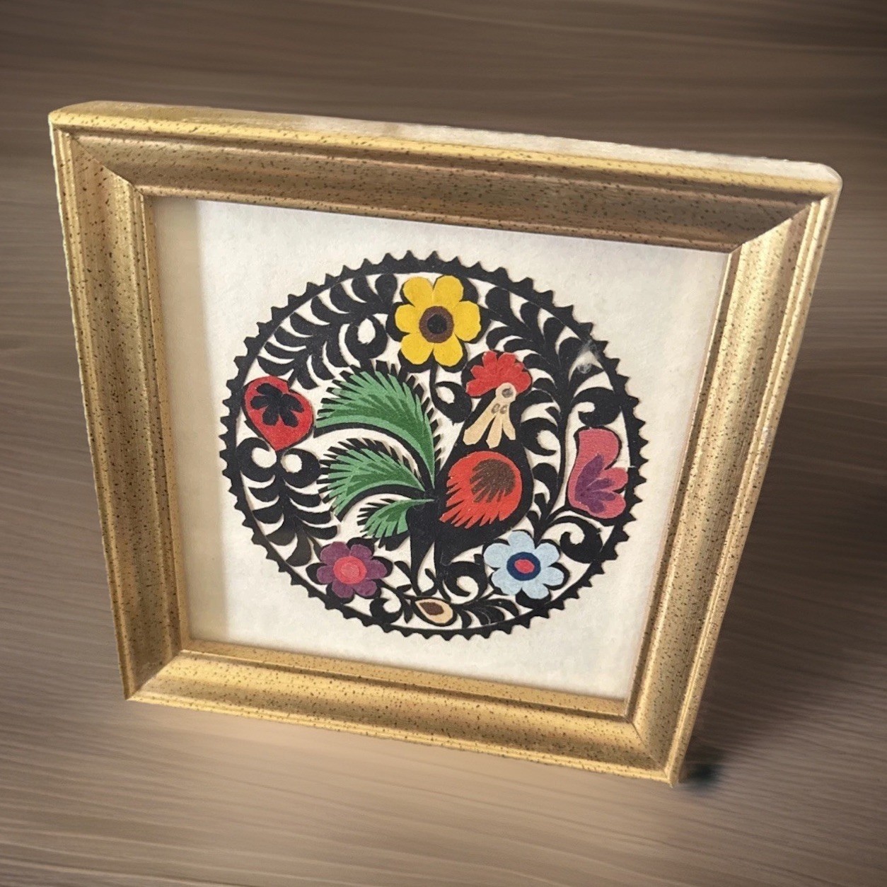 VTG Folk Art Rooster Paper Cutout Framed Wall Art Gold Wood Frame Farmhouse 6×6