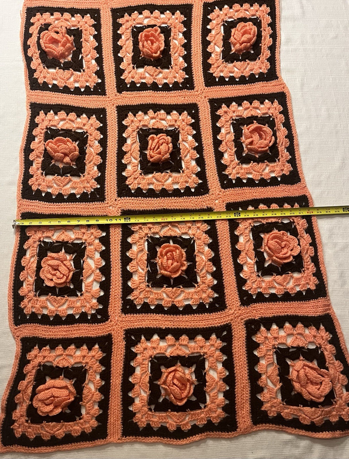 Vintage Crochet Brown/Peach 3D Rose Afghan Granny Rectangle Lap Blanket 62 X 32