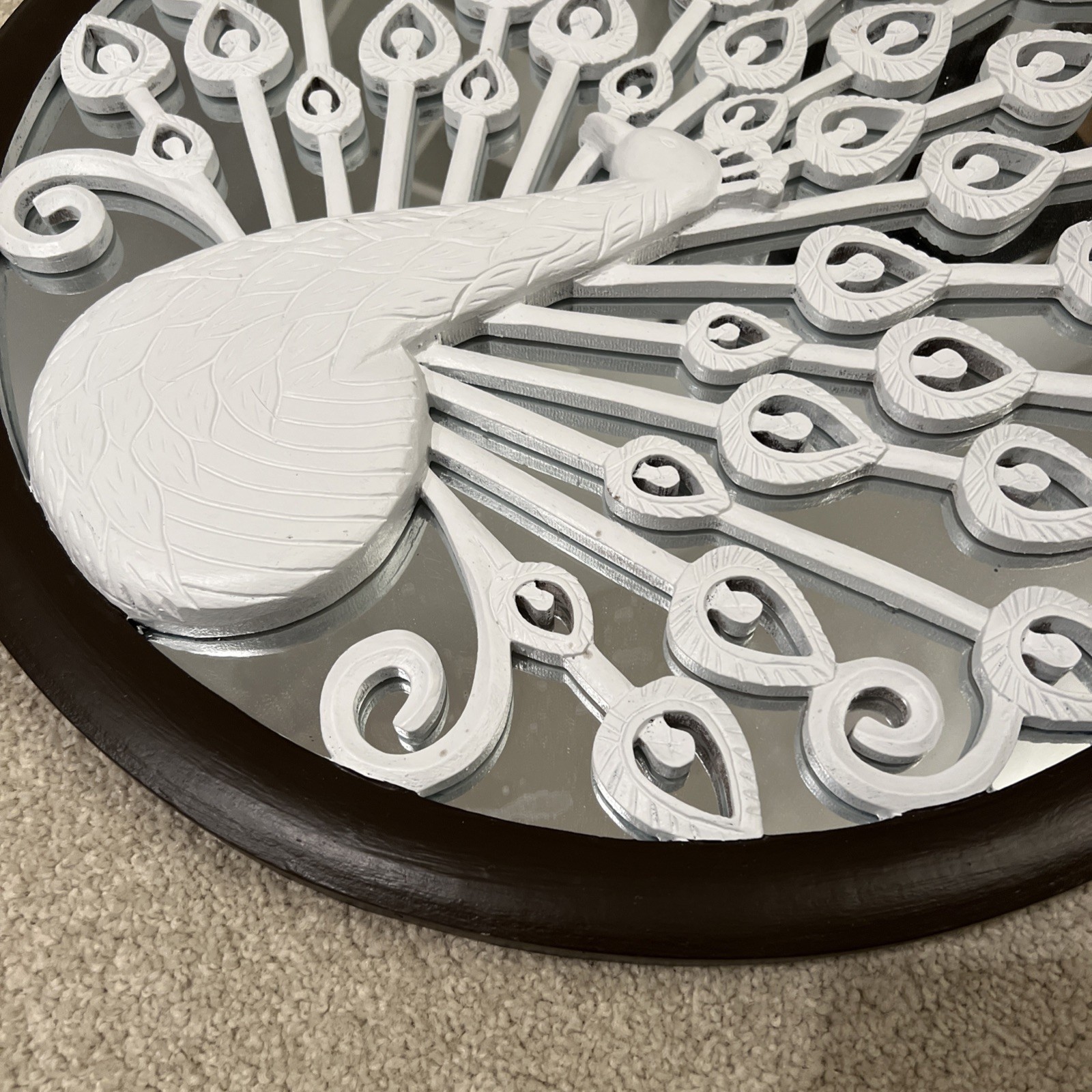 Large Round Peacock Wall Mirror Art Decor 23.5” White & Silver w/ Wooden Frame
