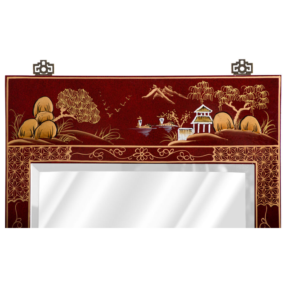 US Seller – Red Lacquer Chinoiserie Scenery Motif Chinese Vertical Mirror