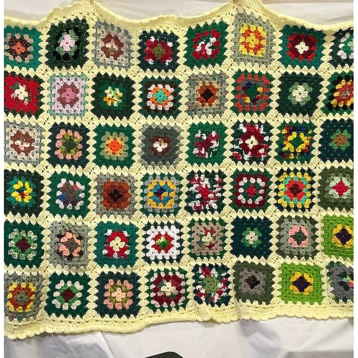 Handmade Granny Square Crochet Blanket Throw Yellow Trim Colorful Boho 72&Prime; x 43&Prime;