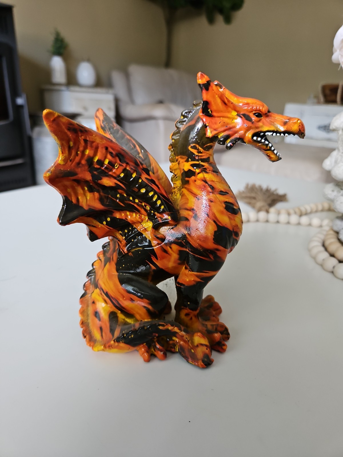 Fire Dragon Figurine 8” Statue Orange & Black Flame Resin Fantasy Decor