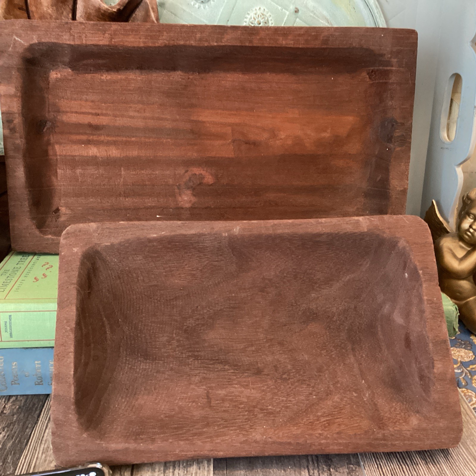 16” &12” For Decor Wooden Dough Bowl Rustic Centerpiece Tray Primitive Farmhouse