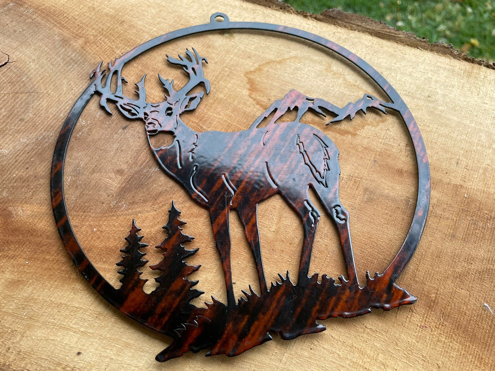 Round Buck Metal Wall Art Decor-laser Cut Forest Mountain Scene- 8 X8 Hunting
