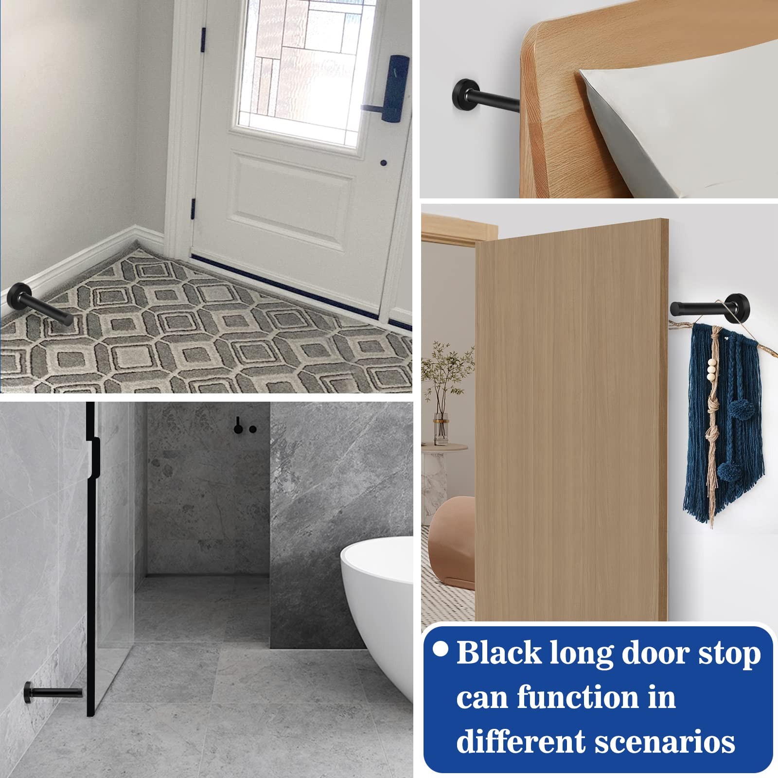 8 Inch Door Stop, Extra Long Stopper, Wall Mounted, Black 8 Inch,