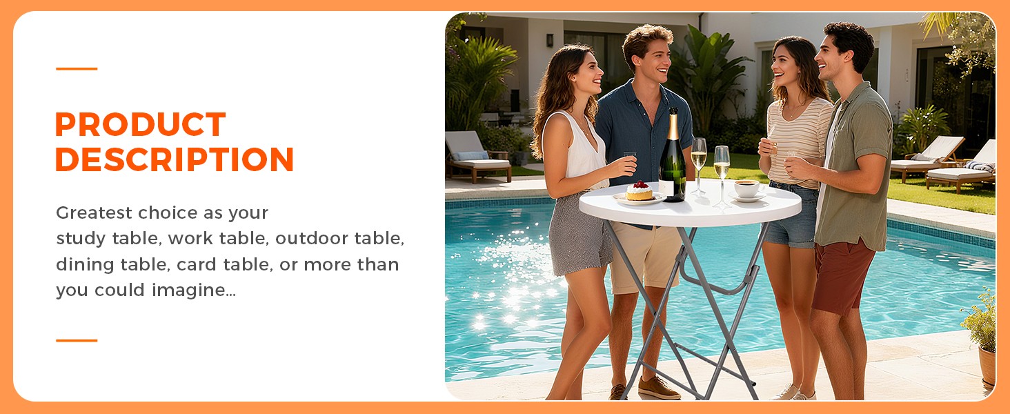 Cocktail Table 28in Folding Round High Indoor Outdoor with Removable Legs, Tall