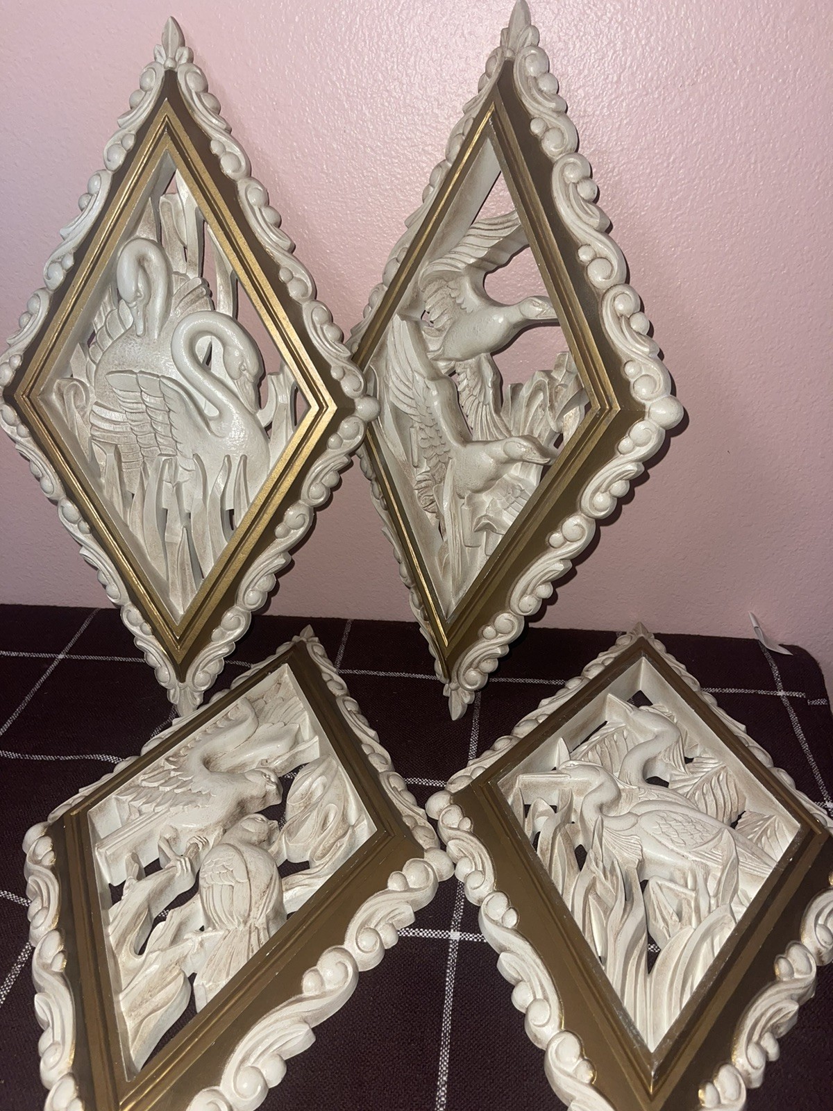 Full Set Of 4 MCM Burwood Products Homco Large 17×10” Diamond Bird Plaques