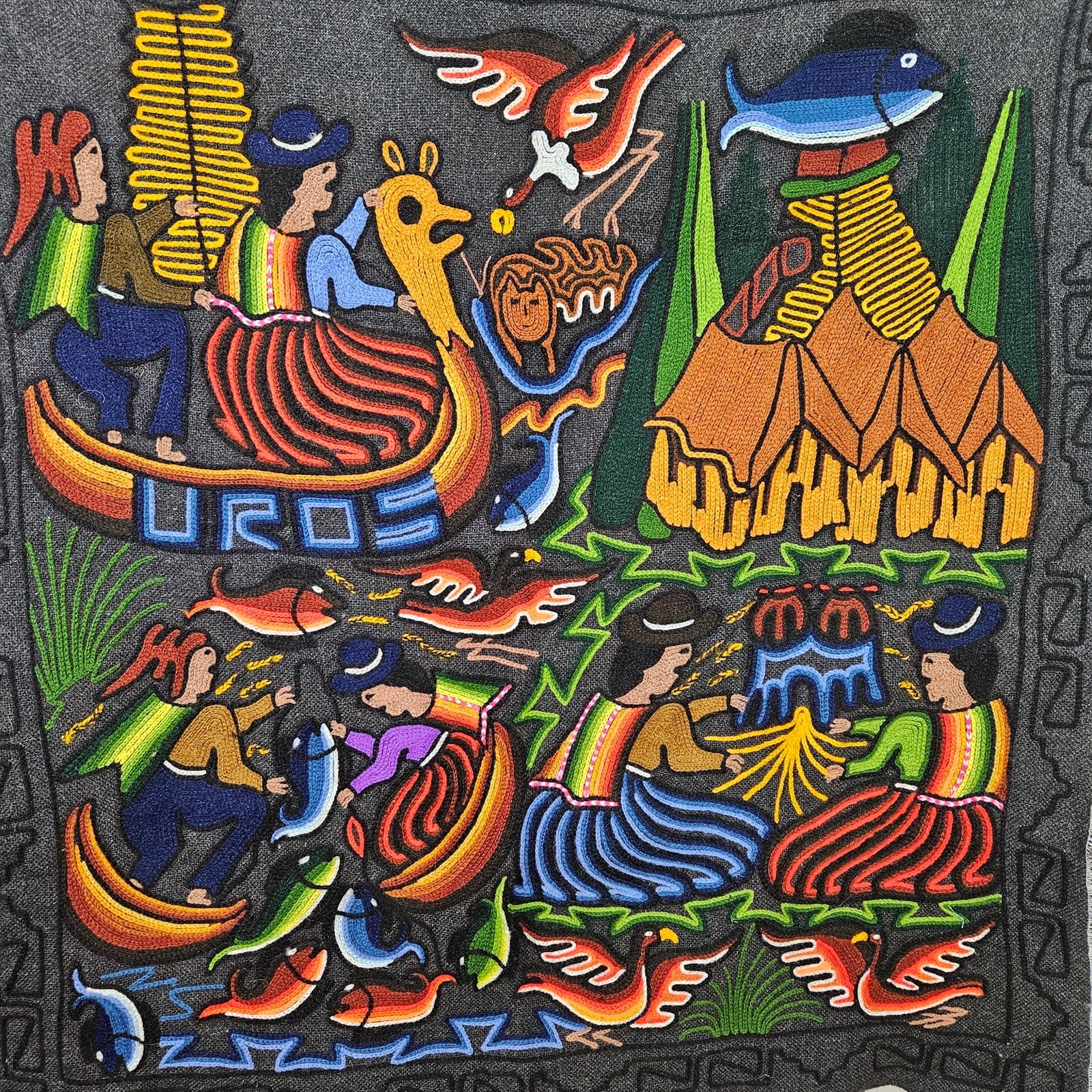 Ethnic Folk Art Tapestry Wall Hanging Fishing Harvest Multicolor Embroidered