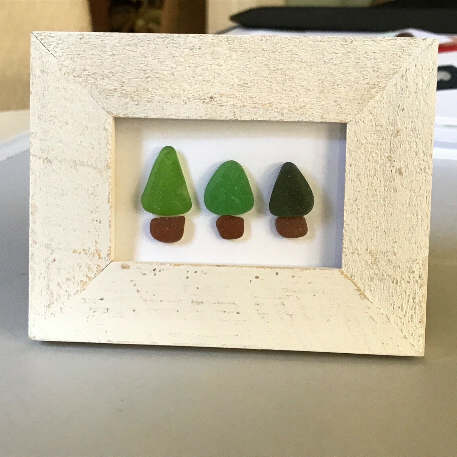Sea/Beach Glass Art “Trees” Framed Picture Handmade Handcrafted One-of-a-Kind