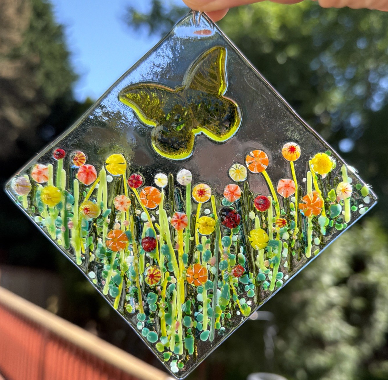 Fused Glass Handmade Diamond Shaped Multicolored Sun Catcher Signed By Artist