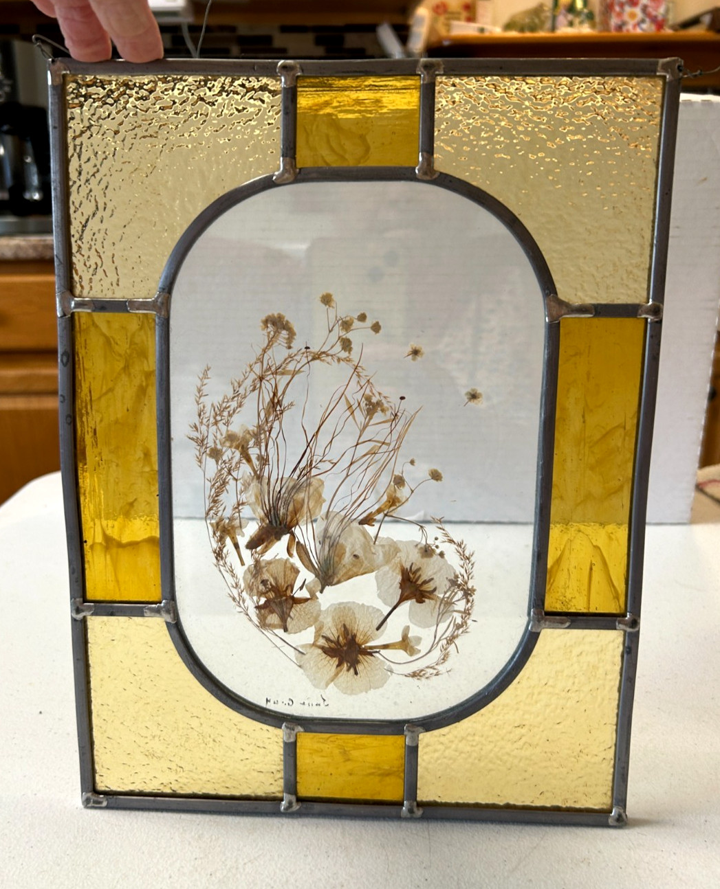 Stained Glass Sun Catcher: Lg Pressed Flower Rectangle Yellow Theme 12&Prime;