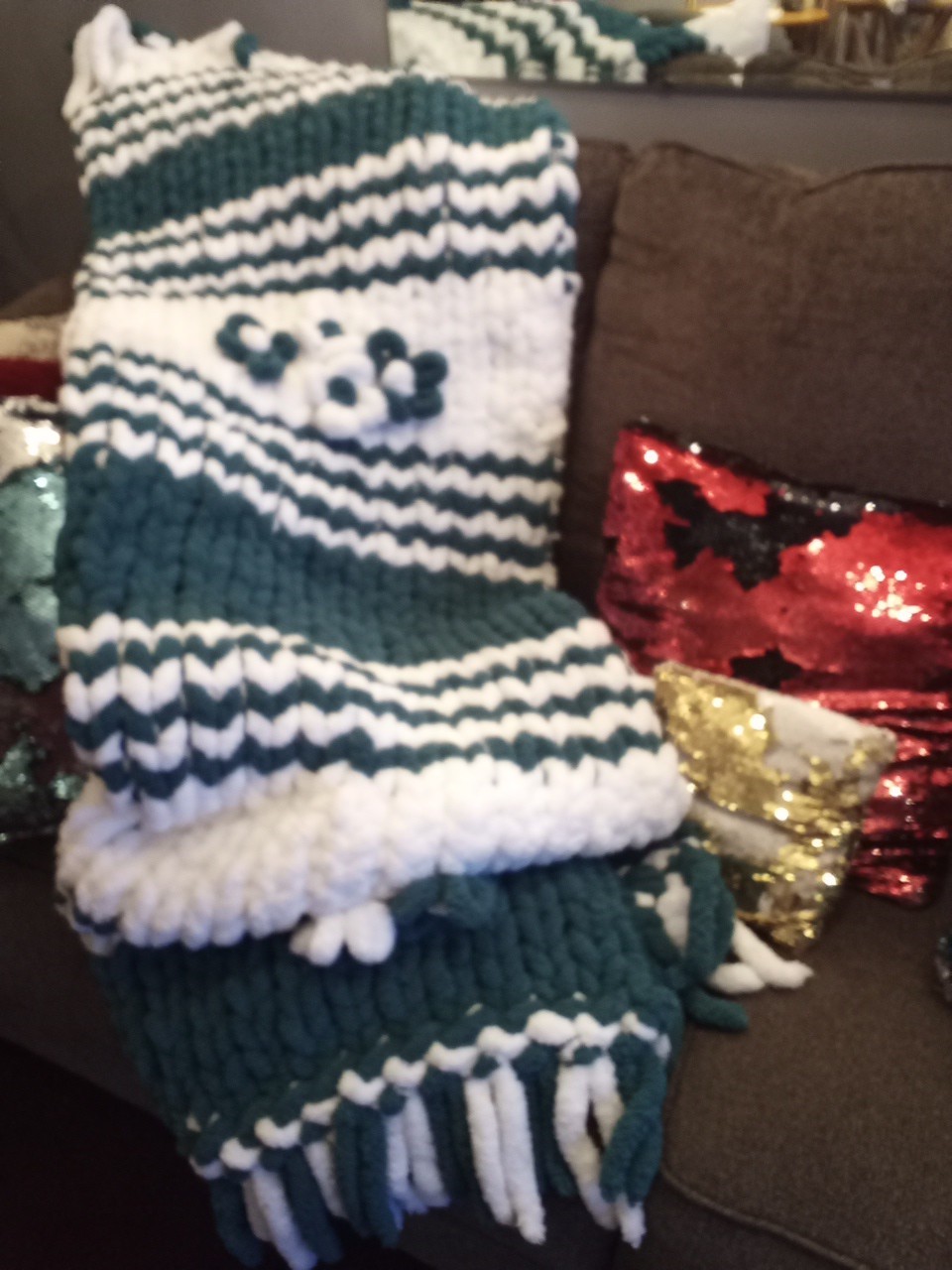 Handmade Chunky Knit Teal green and White Striped Sofa Throw Blanket.