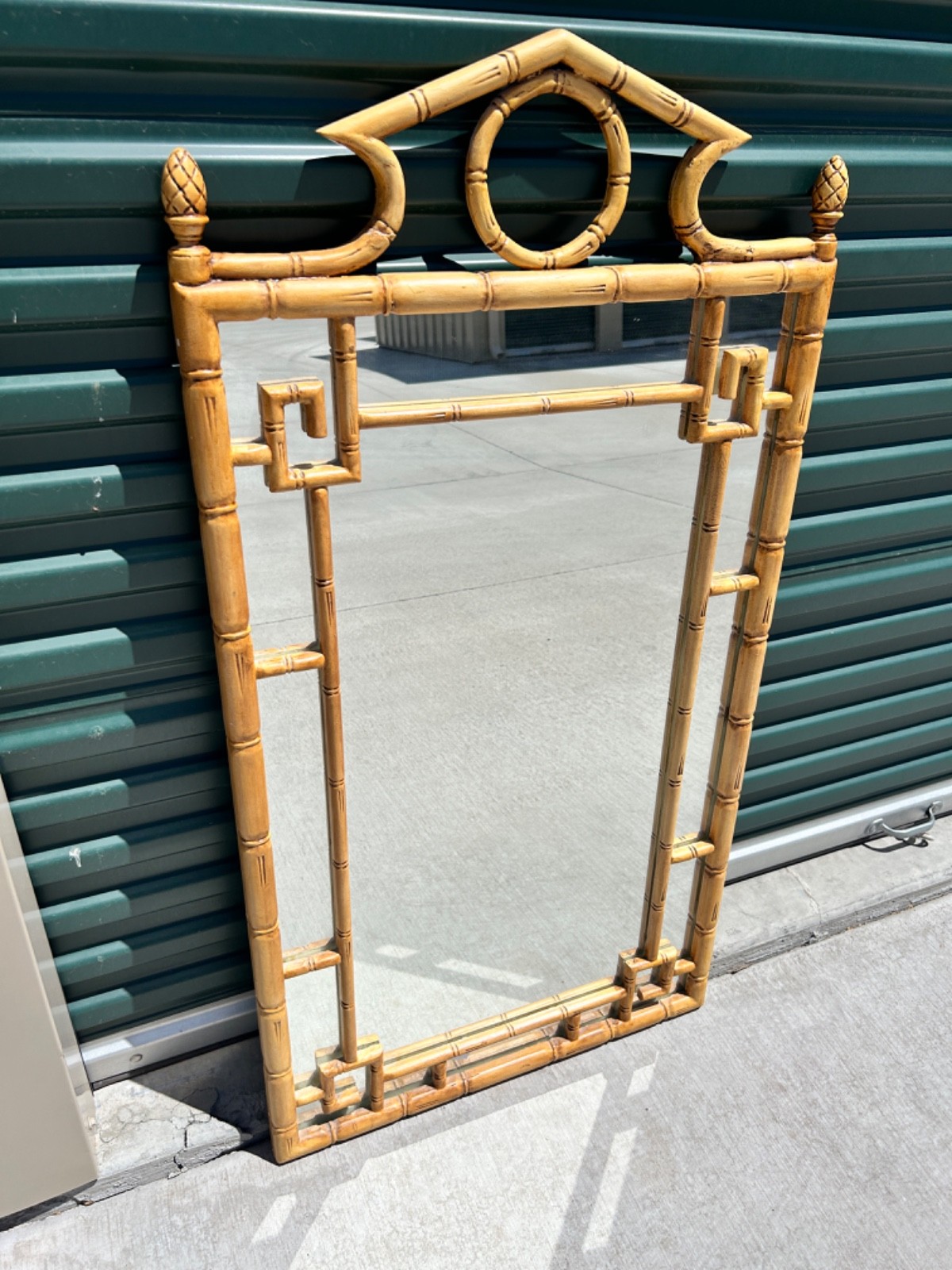 Vintage Asian Faux Bamboo Greek Key Pagoda Chinoiserie Wall Mirror 49”h