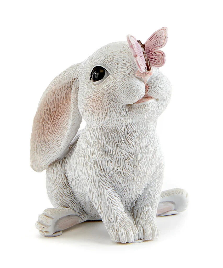 Small 3.75&Prime; Resin Bunny Rabbit w/Butterfly Figurine Farmhouse Easter Spring Boho