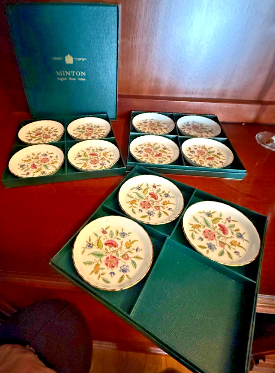 11 X MINTON Haddon Hall Bone China Floral Coasters England Gold Rim UK