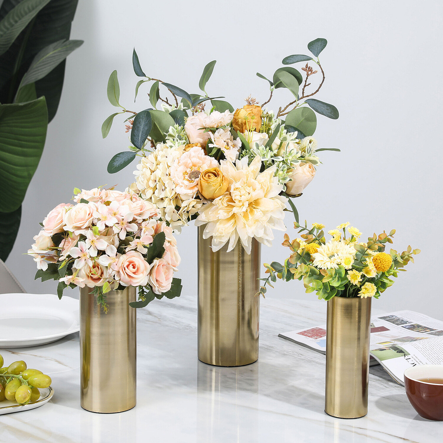3 Sizes Tall Modern Brass Tone Metal Cylinder Centerpiece Flower Vases, Set of 3