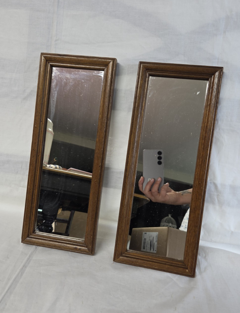 Set of 2 Vintage Narrow Wood Framed Wall Mirrors Vertical or Horizontal