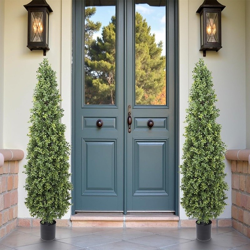 Artificial Boxwood Topiary Tree Easy Care Indoor Outdoor Faux Green Plant Decor