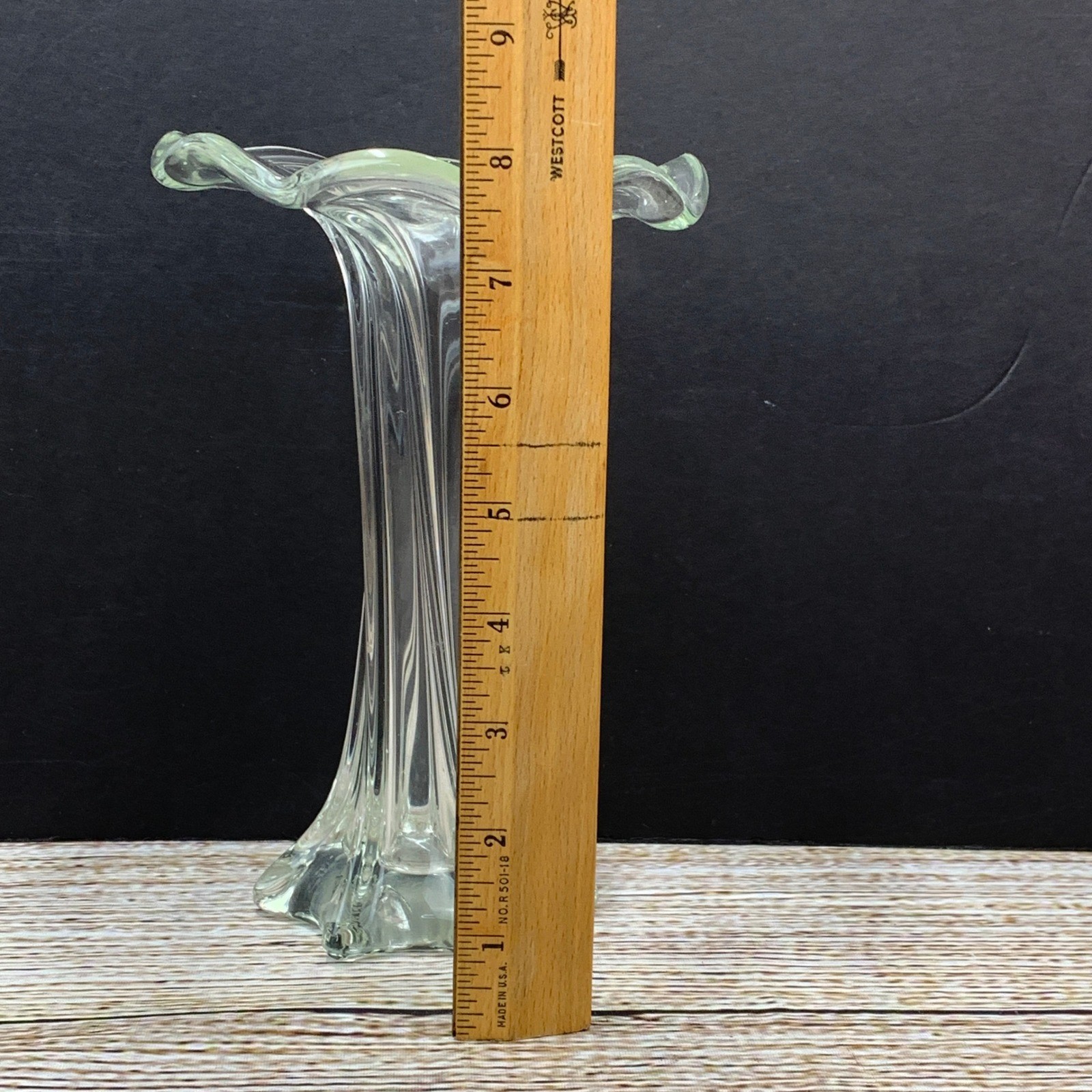 Clear Glass Fluted Trumpet Art Vase Ribbed Swirl Ruffled Rim Decor Vintage