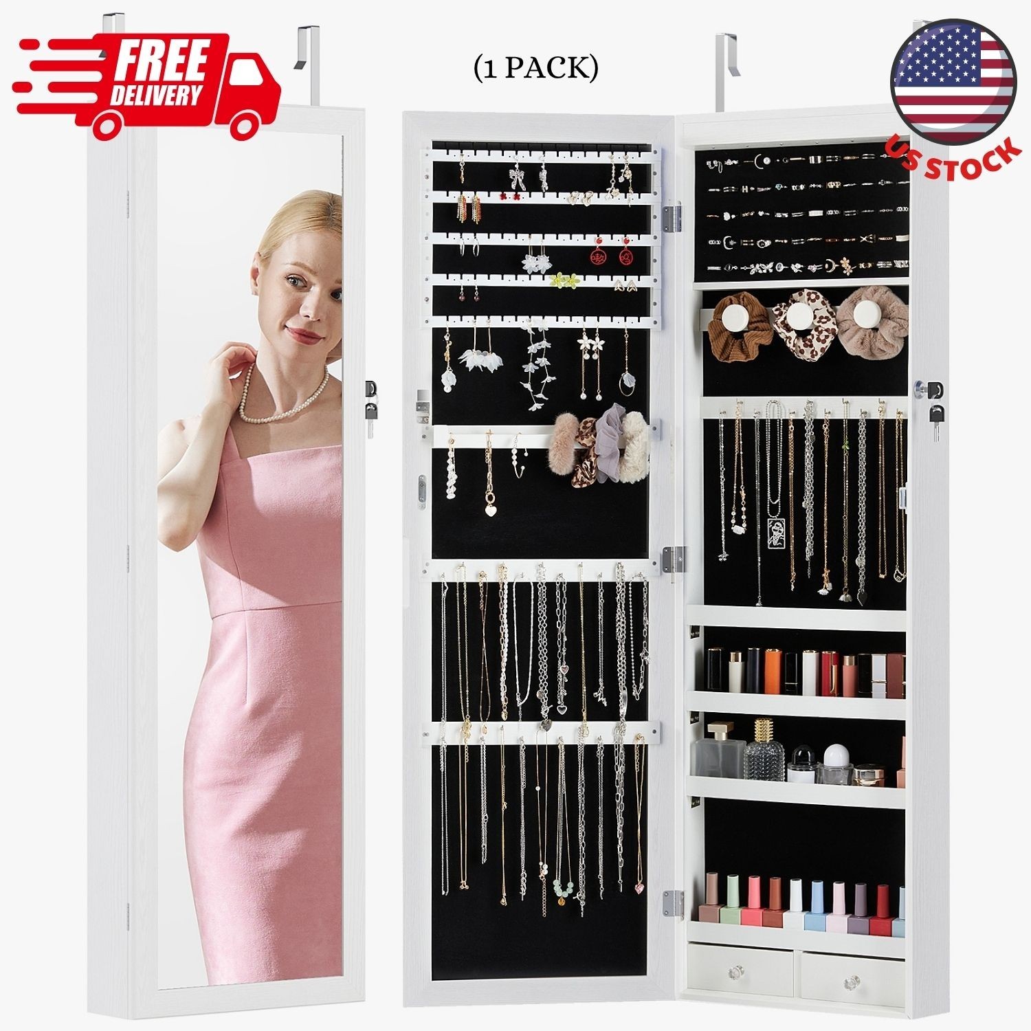Full-Length Mirror Jewelry Armoires, 6 LED Lights, Wall Door Mounted