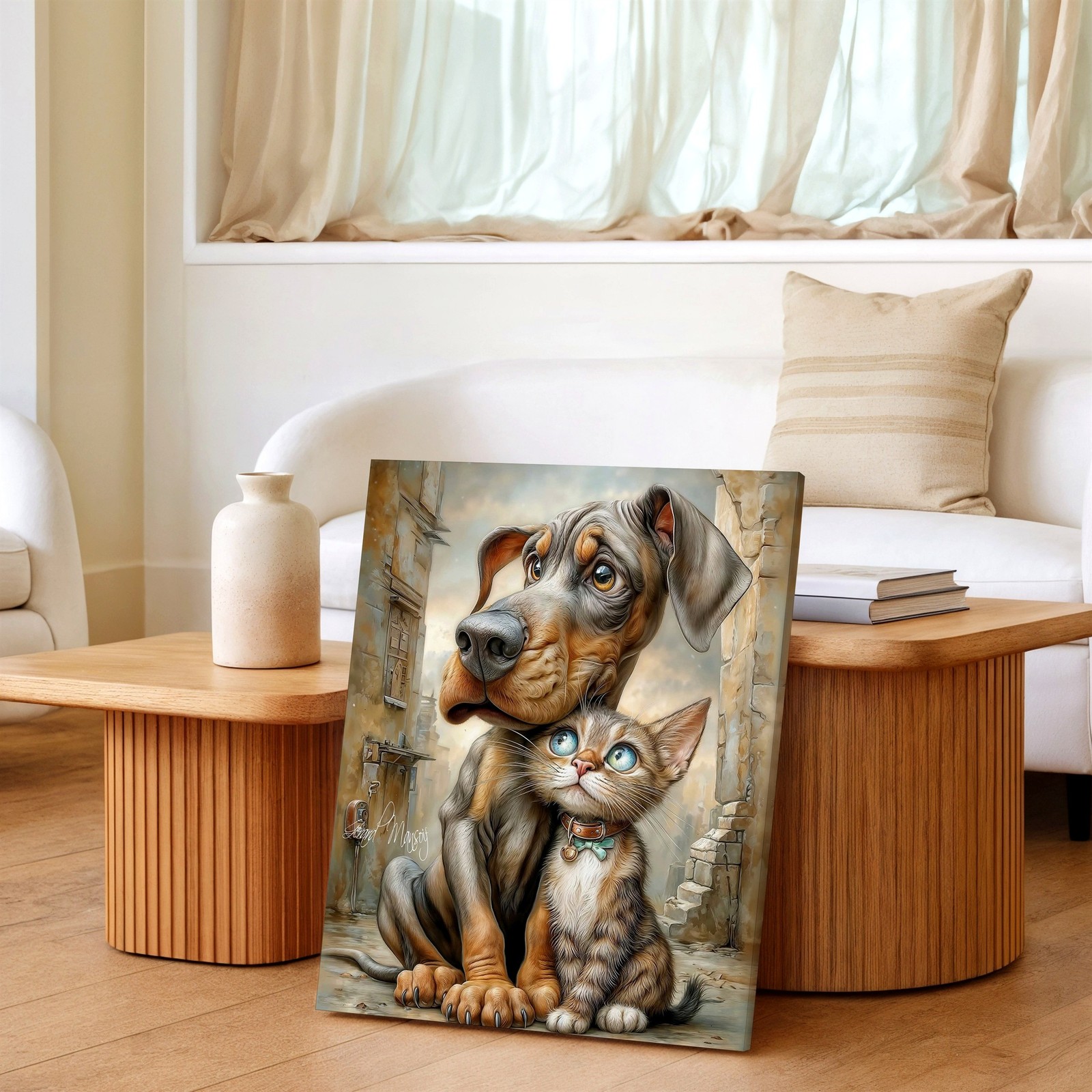 Wall Art Dog and Cat Portrait Canvas Print Cute Animal Friends Rustic Decor