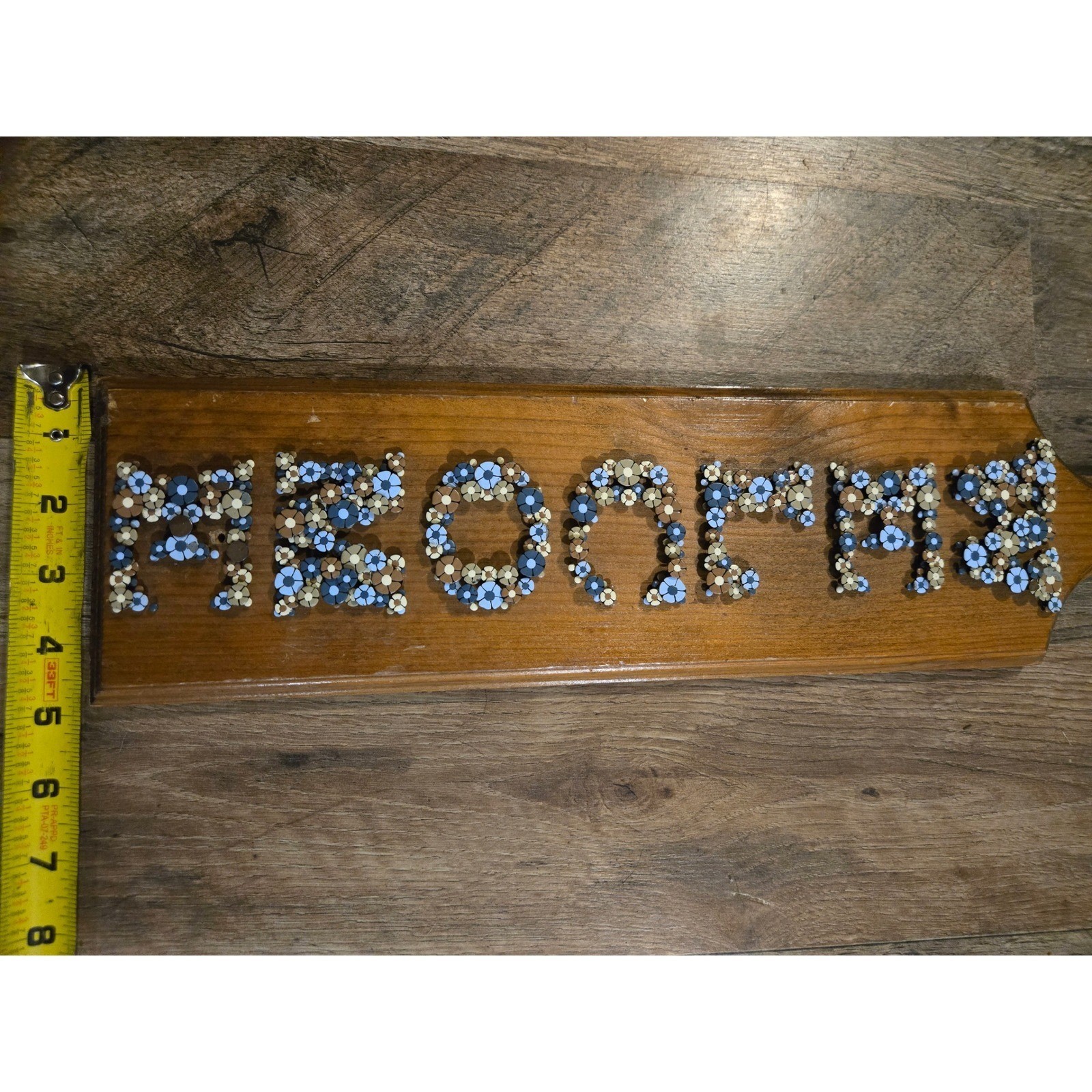 Vintage Wood Paddle Welcome Sign Floral Mosaic Flower Lettering Rustic Folk Art