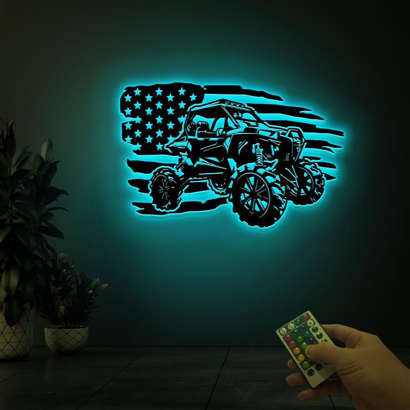 Personalized Atv Metal Wall Art With Led Lights, US Flag ATV Sign, Quad Bike