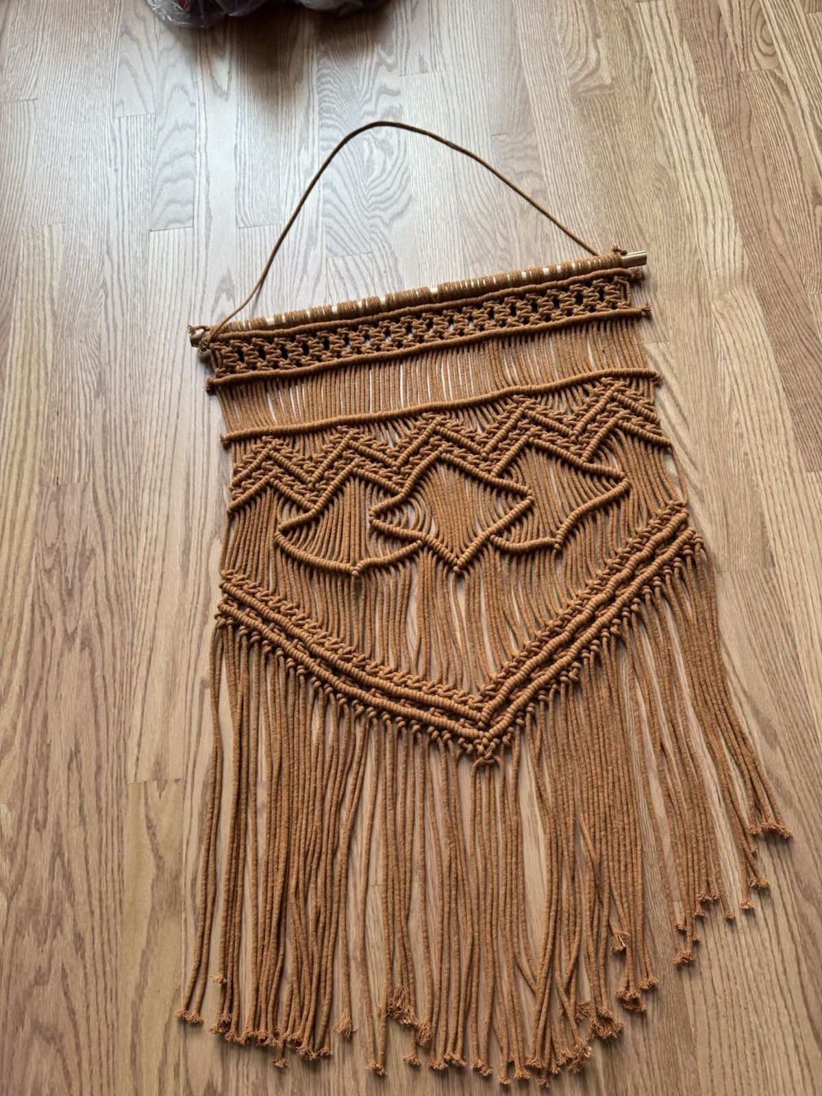 Large Boho Macrame Wall Hanging – Caramel Brown Woven Fiber Art – 32” X 20”