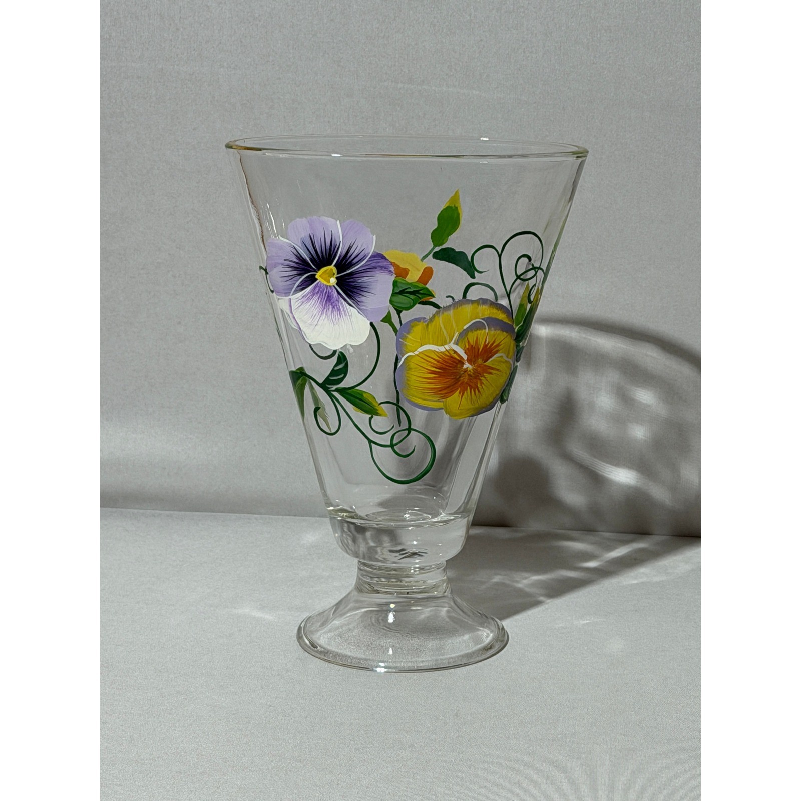 Teleflora Hand Painted Pansies Glass Vase Footed Clear Purple Yellow Floral Gift