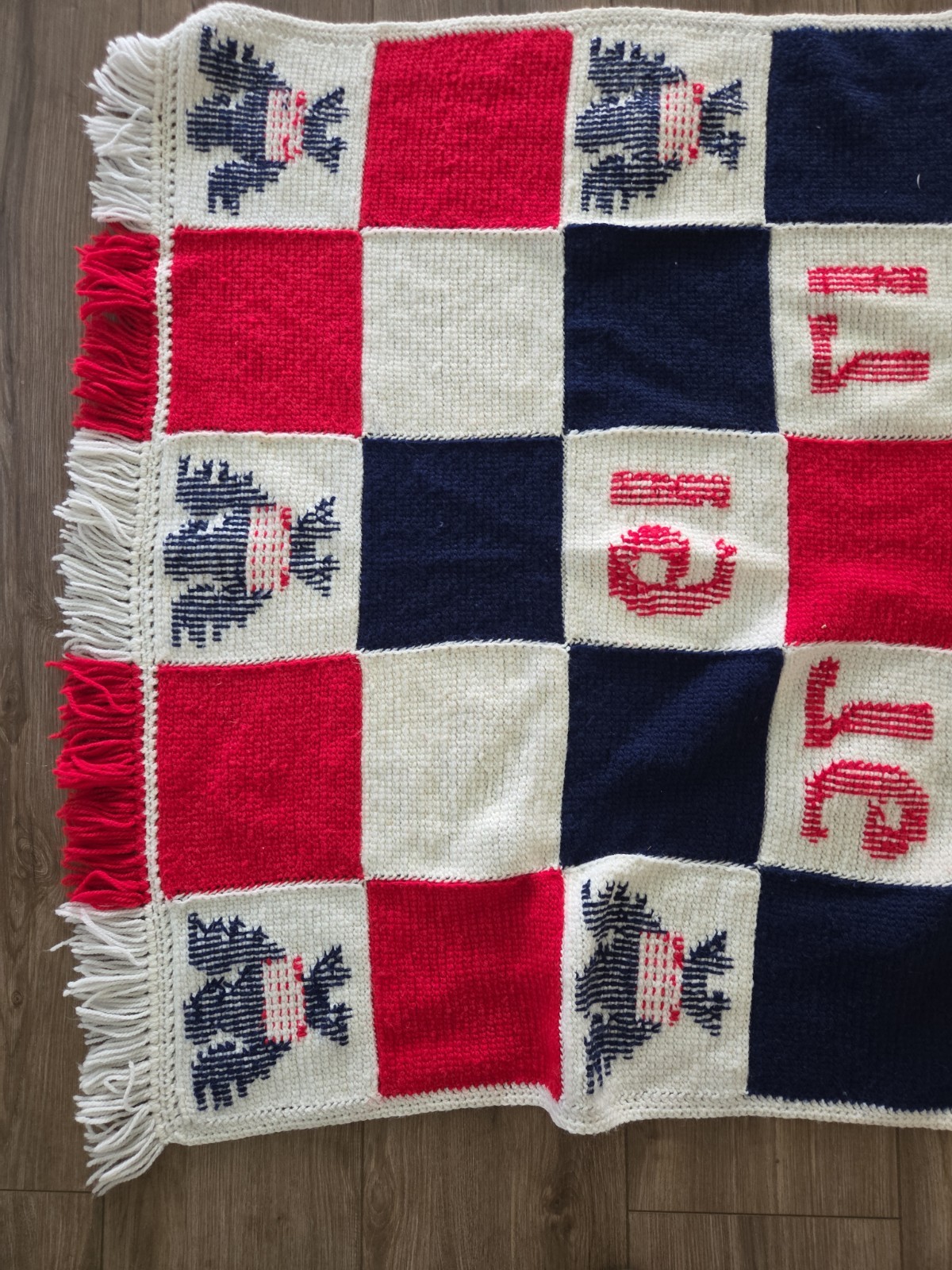 Vtg Handmade Red White Blue Crochet Afghan Blanket Bicentennial 1776-1976
