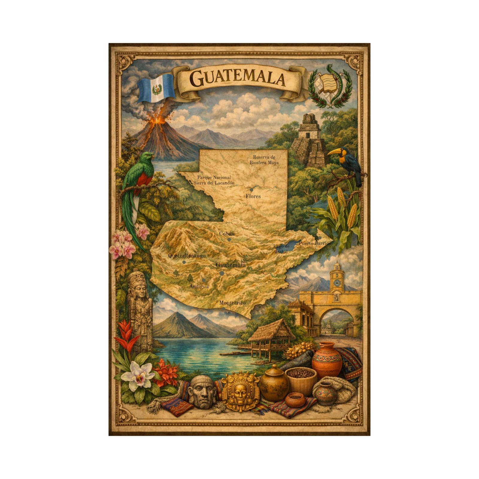 Guatemala Map Poster | Travel Art Print, Volcanoes, Antigua