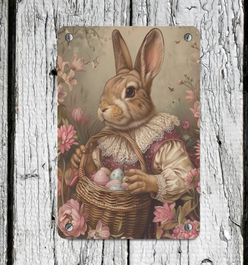 Victorian Wall Decor Vintage Easter Bunny Rabbit Eggs Flowers Metal Sign 8×12