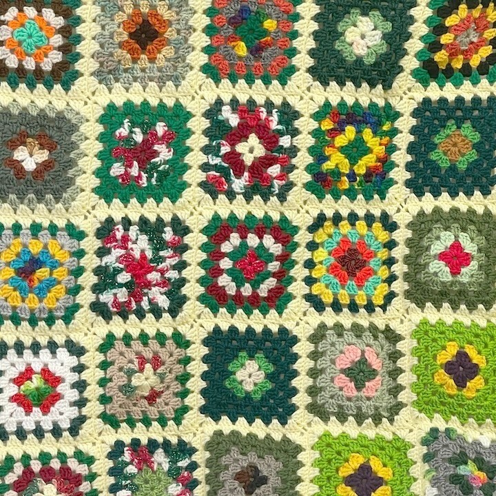 Handmade Granny Square Crochet Blanket Throw Yellow Trim Colorful Boho 72&Prime; x 43&Prime;