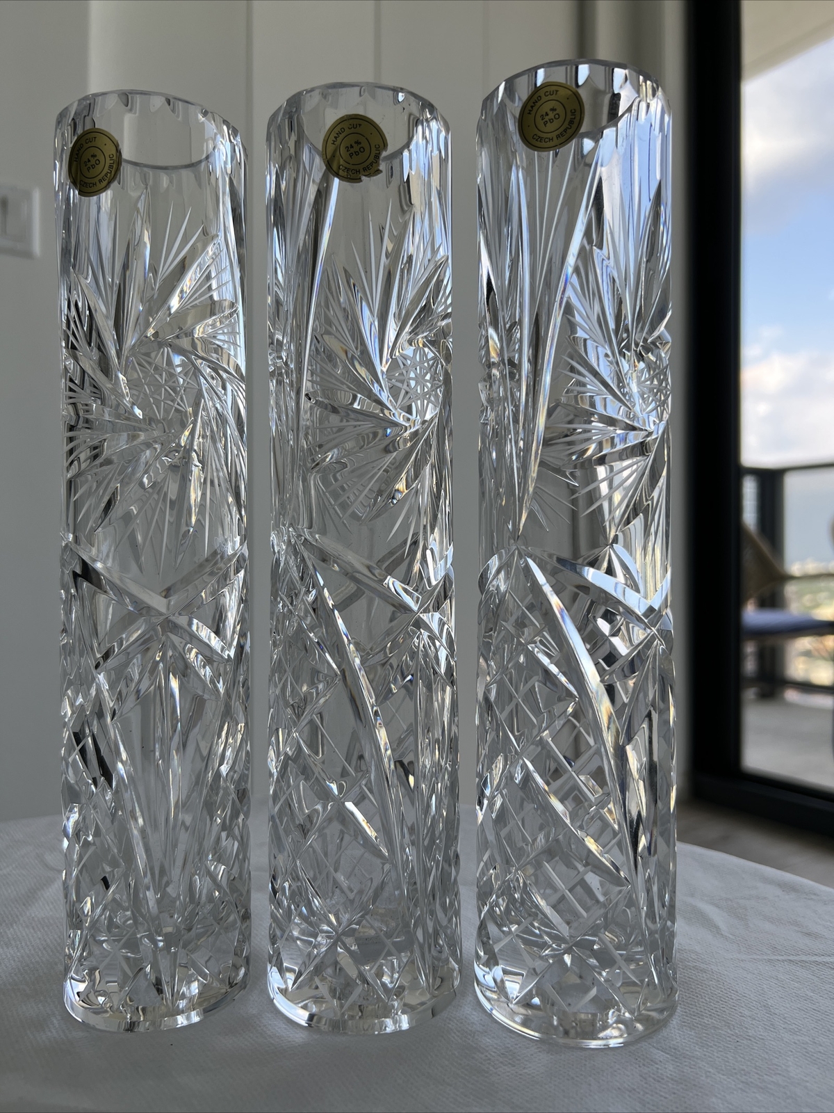 Vtg Bohemia Czech Republic 24% PbO Lead Crystal 10 1/8” Tall Set of Three (3)