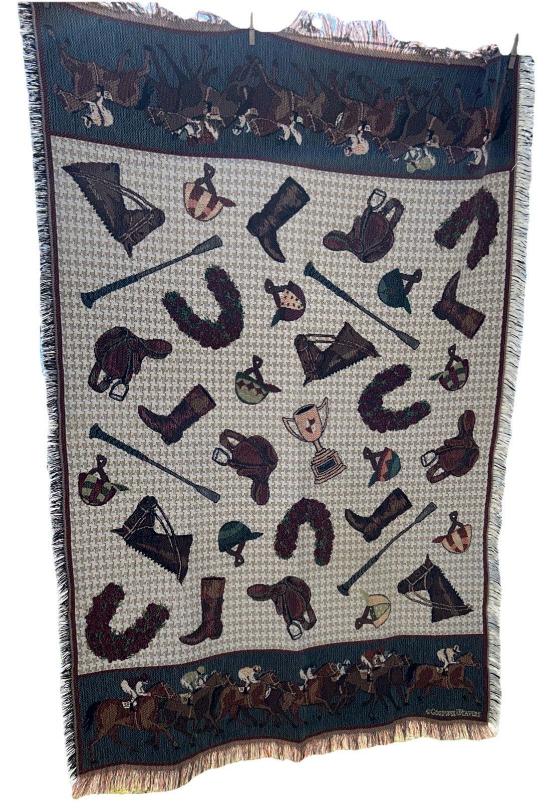 Goodwin Weavers Horse Racing Derby Equestrian Cotton Tapestry Blanket USA