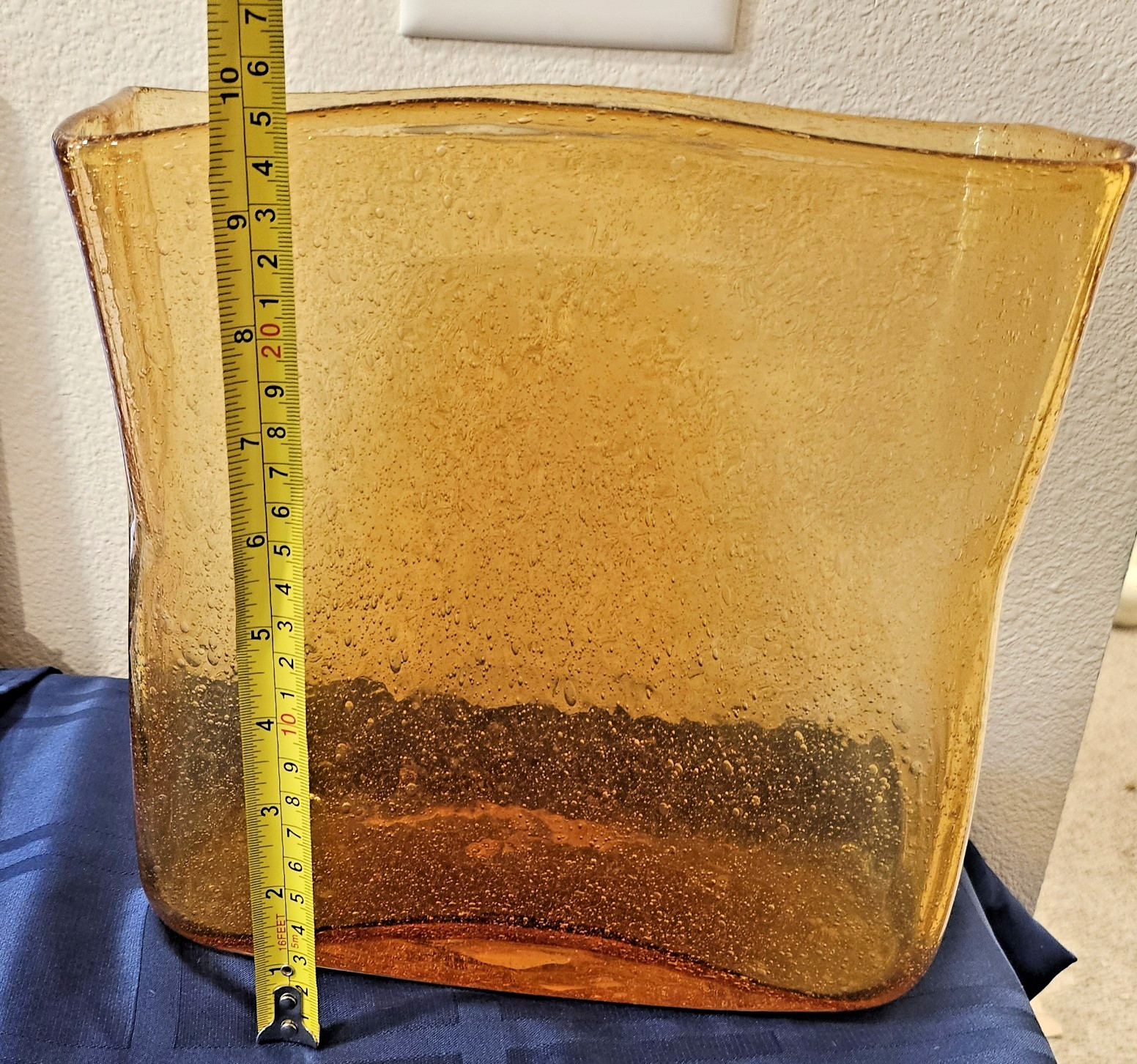Hand Blown Amber Seeded Bubble Glass Magazine Holder Postmodern Memphis Decor