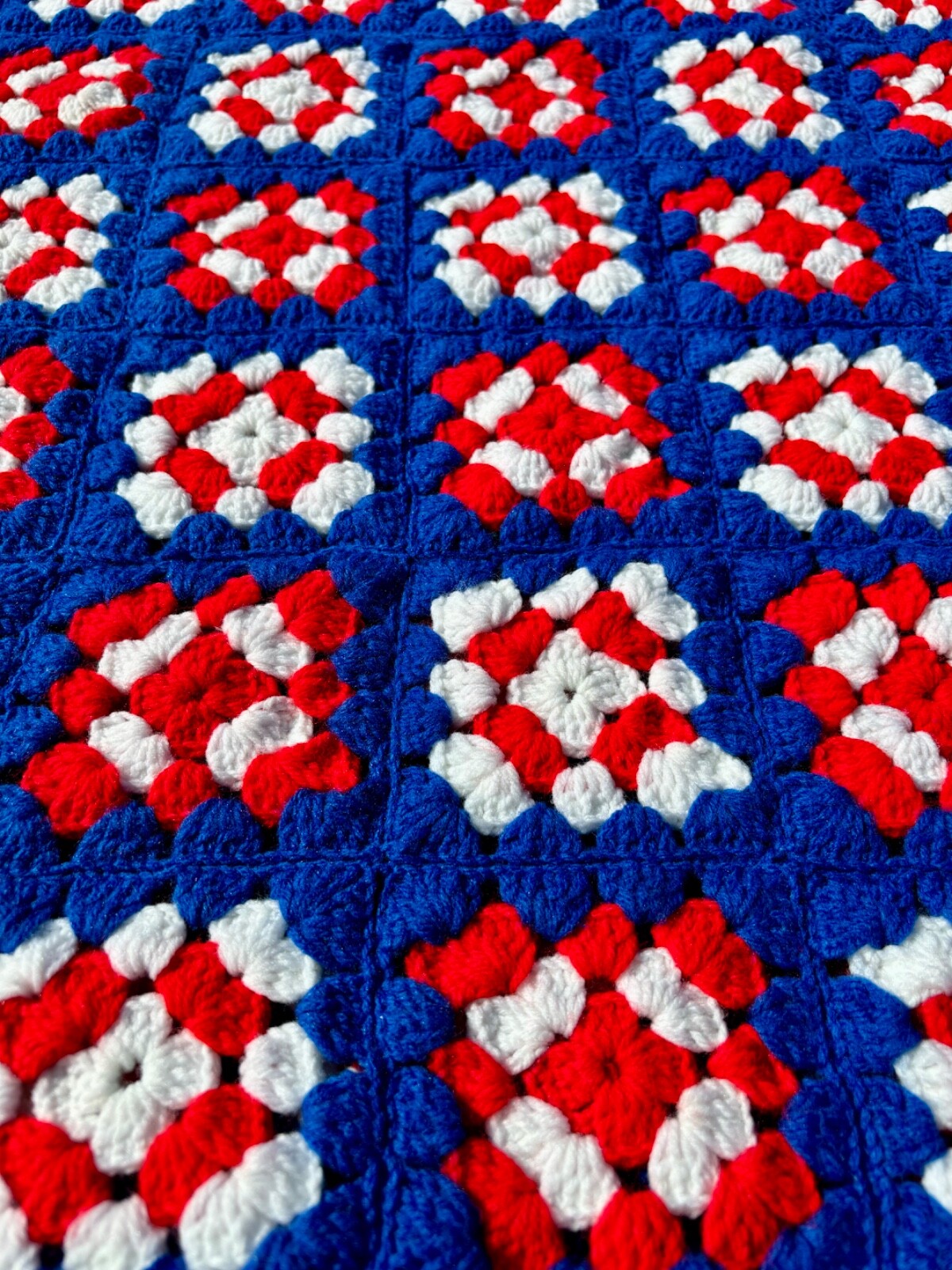 Crochet Granny Square Blanket Throw Afghan 60 x 52 Patriotic Red White Blue