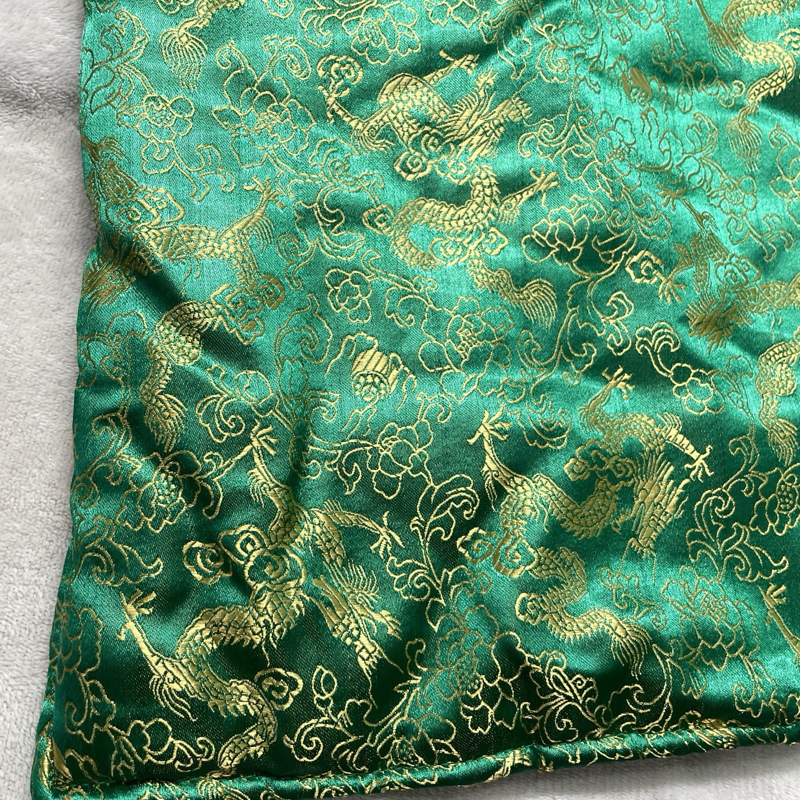 Vintage Asian Chinese Satin Brocade Quilted Throw Blanket Dragon Medallion 56×38