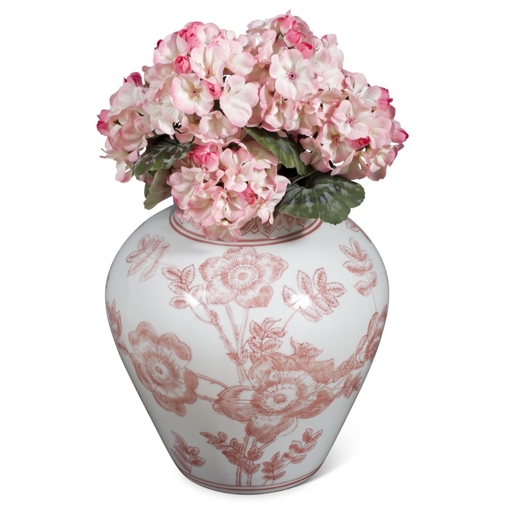 US SELLER – Pink and White Porcelain Rose Garden Flower Motif Oriental Vase