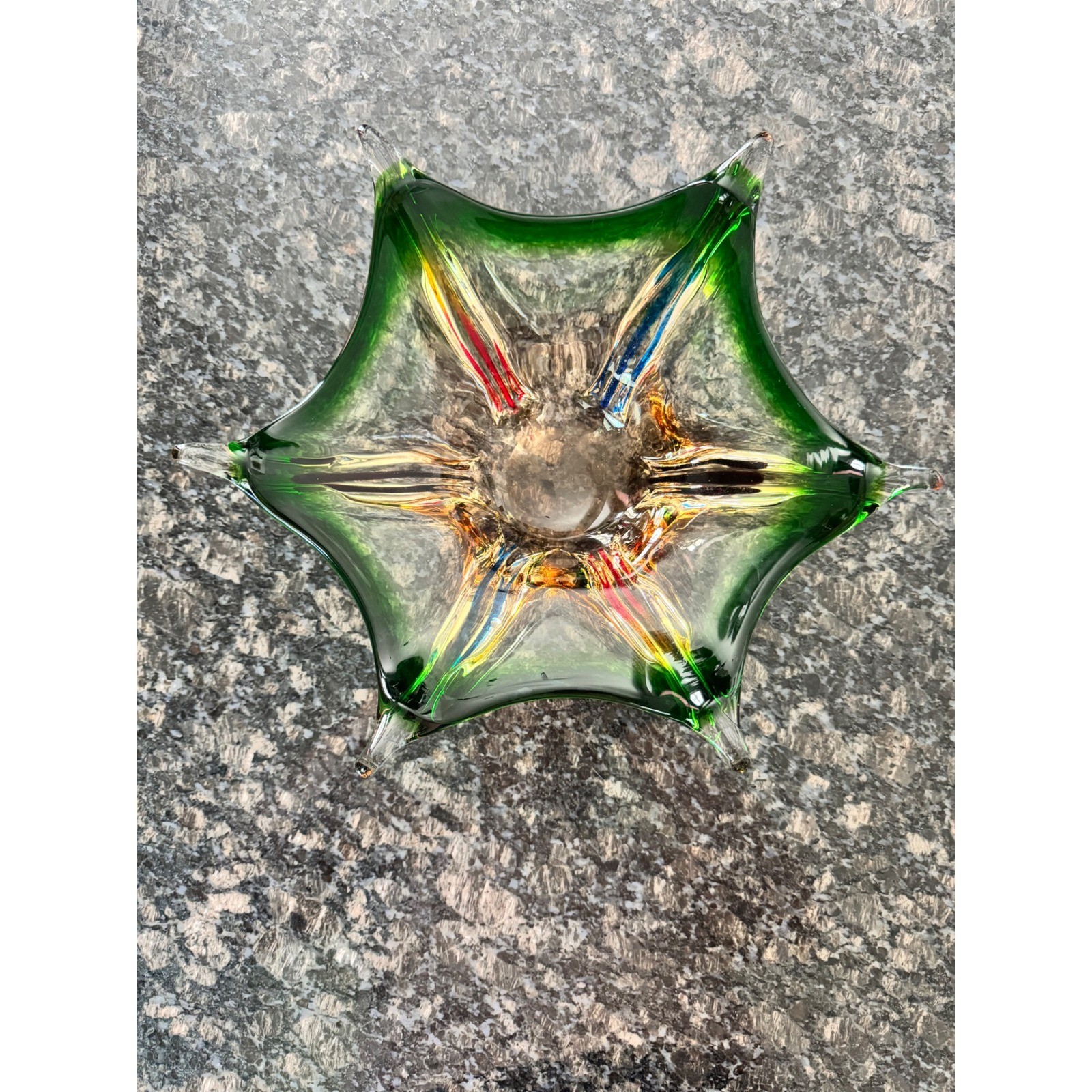 Vintage Murano Style Art Glass Star Bowl Green Amber Multi-Color Ribbon 6 Point