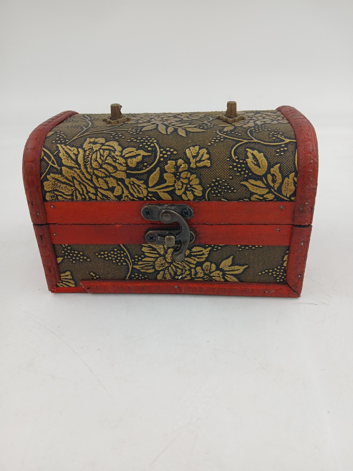 Wooden Jewelry Box Red Floral Fabric Hinged Treasure Chest Trunk Latch Decor