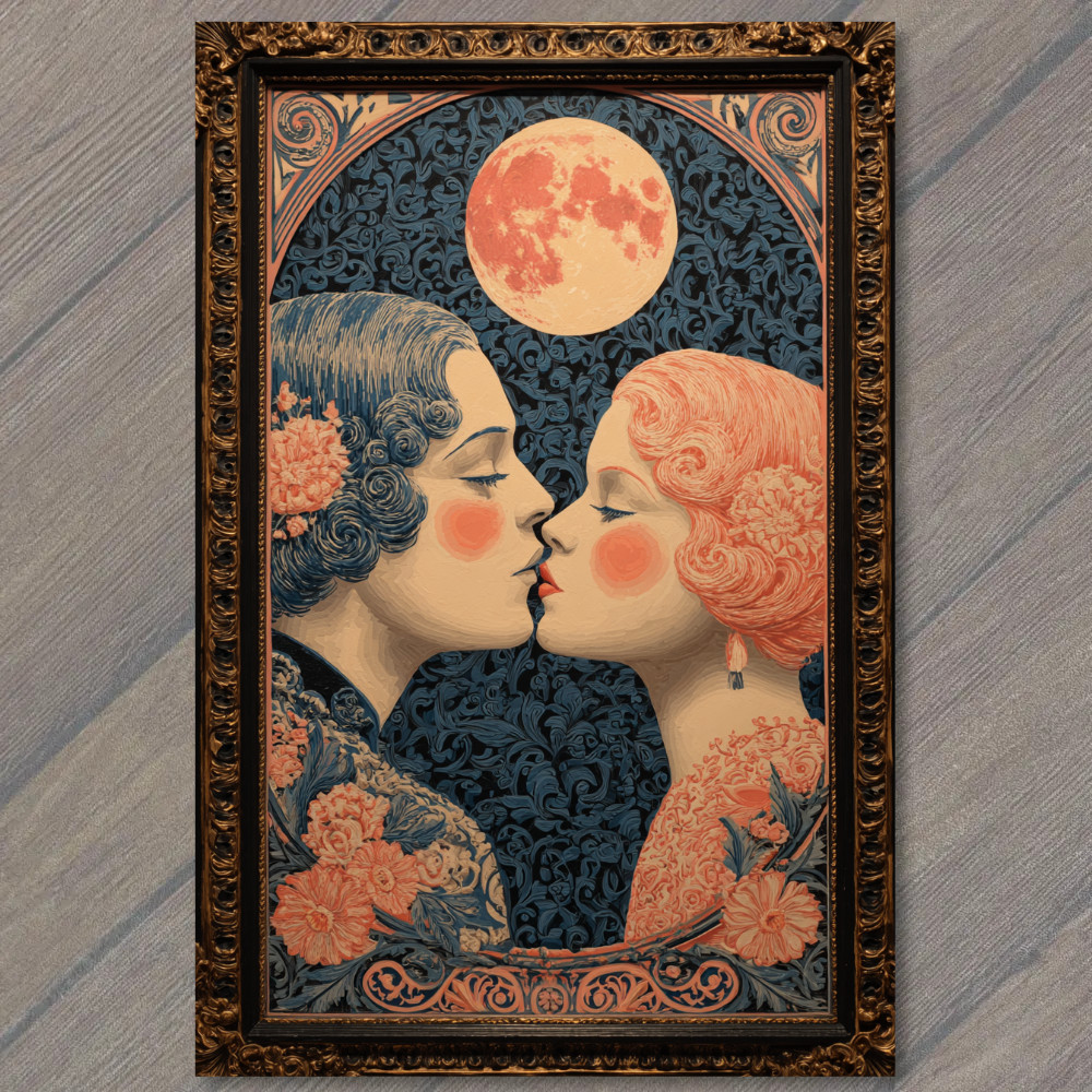 Art Print Lovers Under Moon Art Deco Style Floral Frame Romantic Night Lesbian