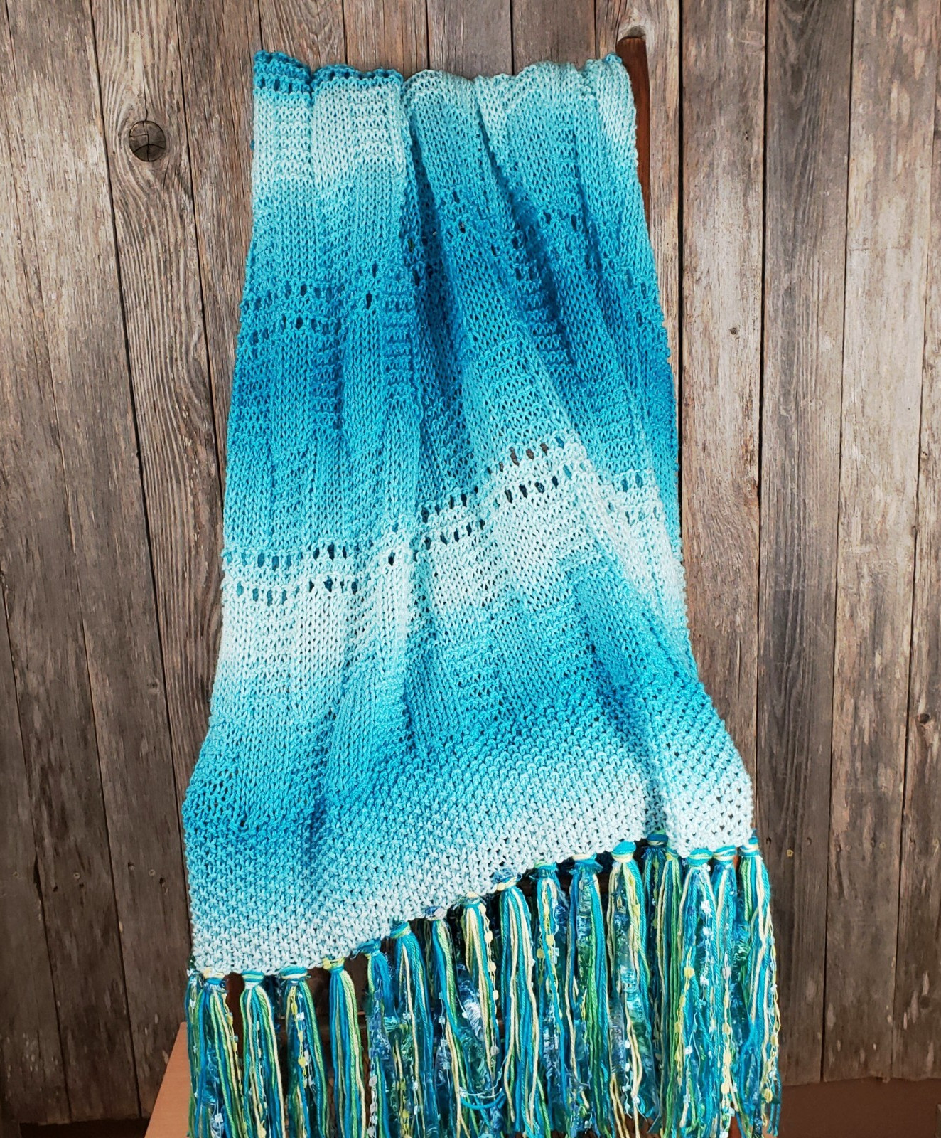 NEW Turquoise Blue Ombre Handmade Knitted Afghan Throw Knit Gift Decor Whimsy