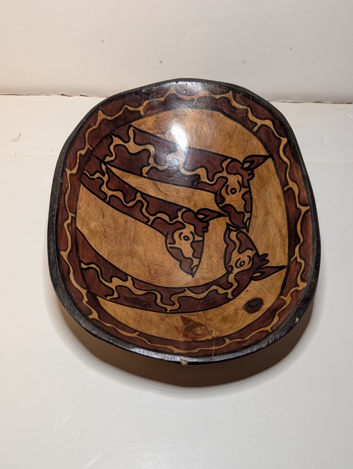 Hand Carved & Painted Wood Bowl Giraffes African Design Oblong Lightweight