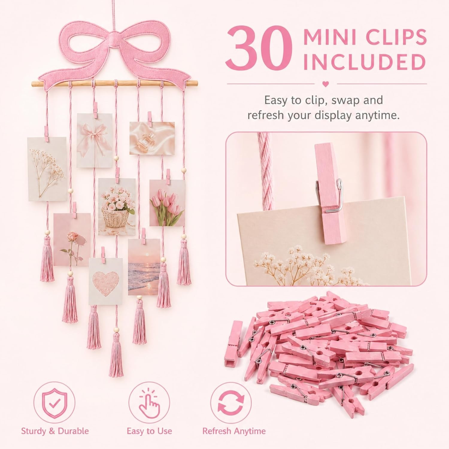 Charming Pink Bow Hanging Photo Display with 30 Clips – Perfect for Teens