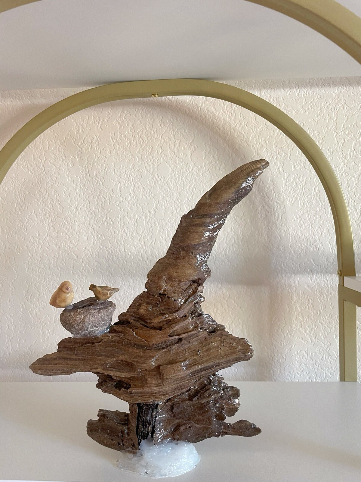 Driftwood Branch With A Stone Bird Family On It Decoration Handmade